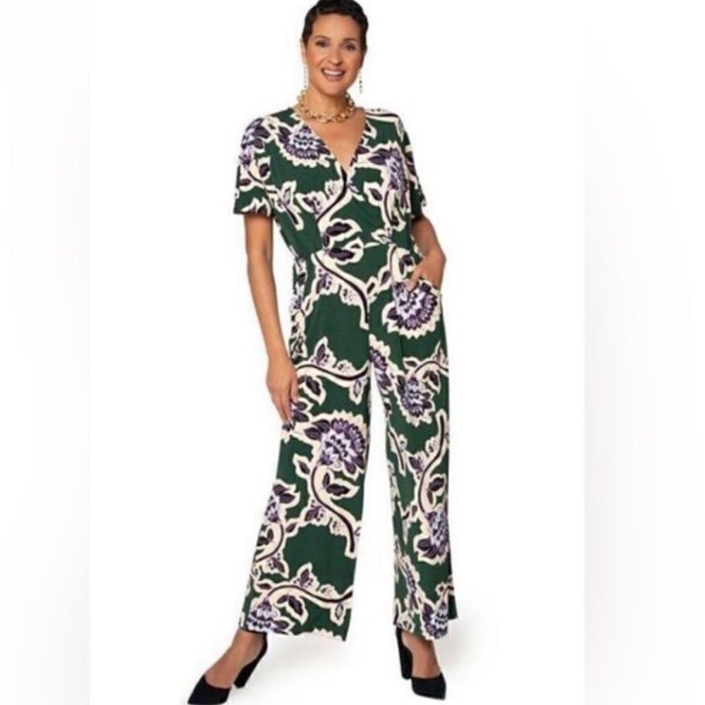 Leota Faux Wrap Ruby Floral Wide Leg Jumpsuit in Green/Purple/Cream 1X New